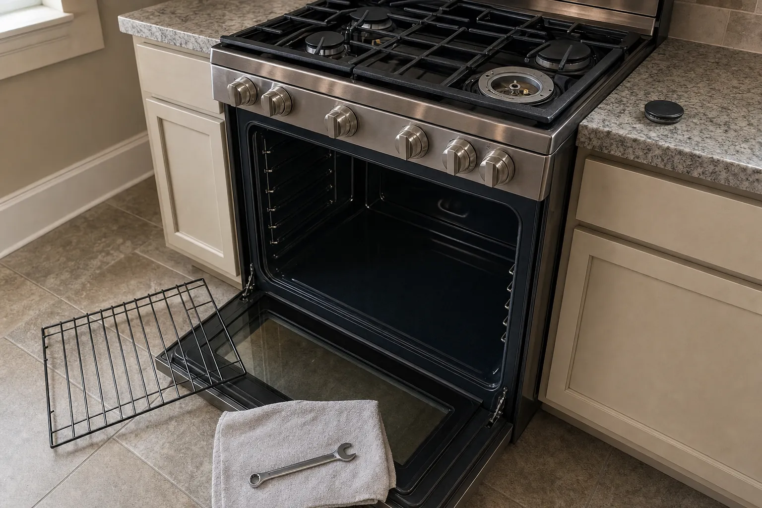 Slide-in stainless gas range with the oven door open and empty, one burner stripped, the rack leaning on the floor