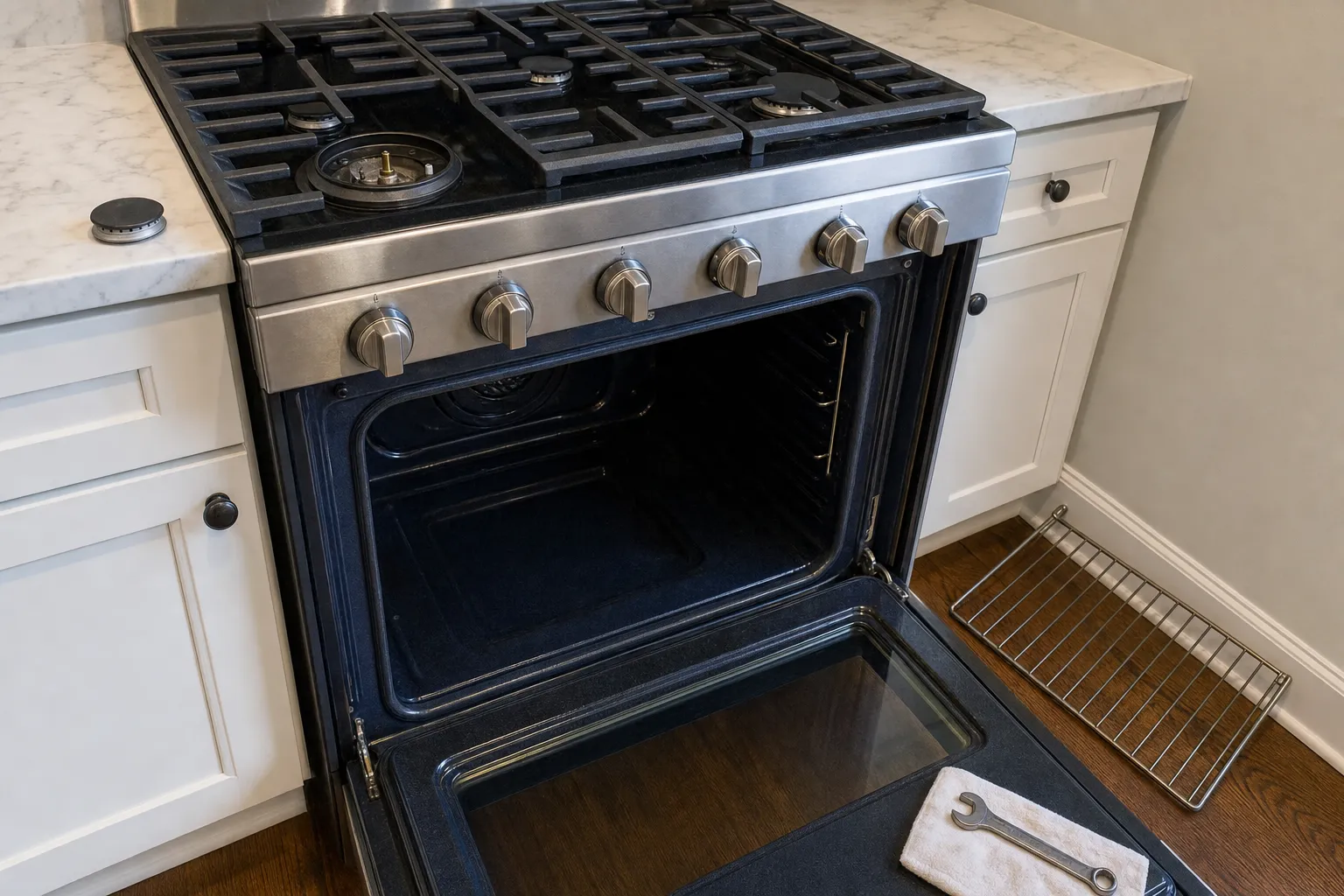Cooktop burner opened to its brass orifice on a stainless range, the cap set on the counter, oven door standing open