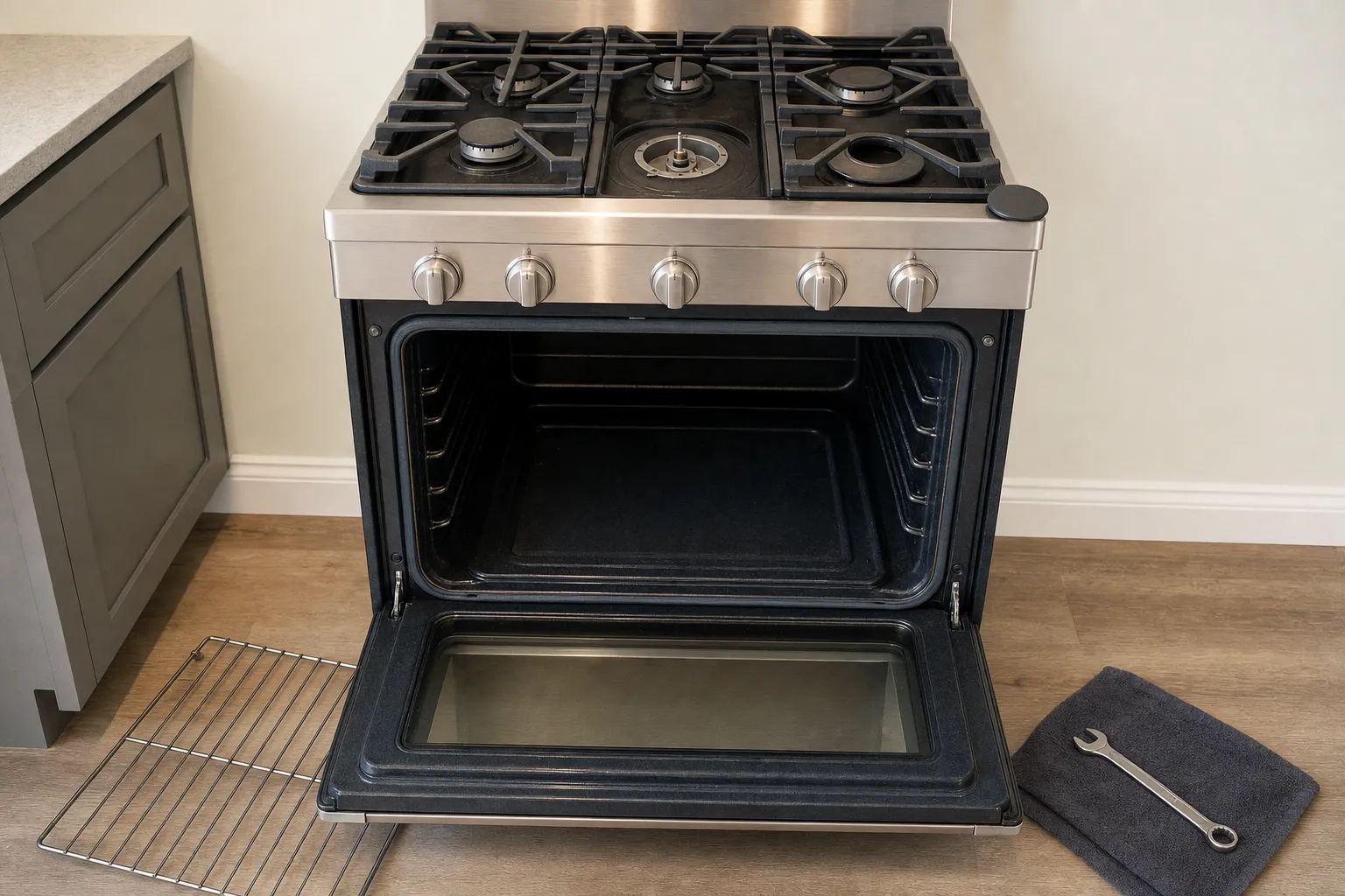 Stainless gas range head-on, oven door open and empty, one burner stripped to its base, a rack and wrench on the floor