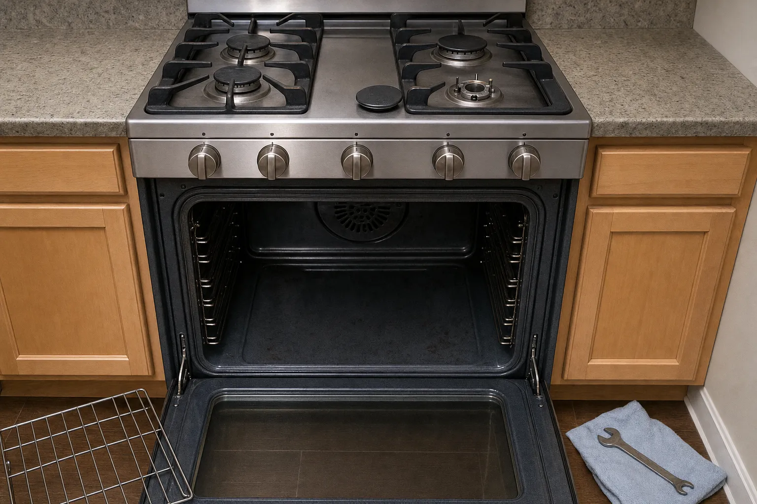 Stainless gas range with one sealed burner stripped to its base, its cap set aside on the deck, oven door open below