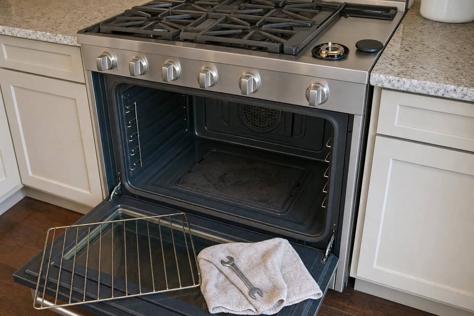 Open oven cavity of a stainless range showing the convection fan cover at the back, a rack and wrench on the door