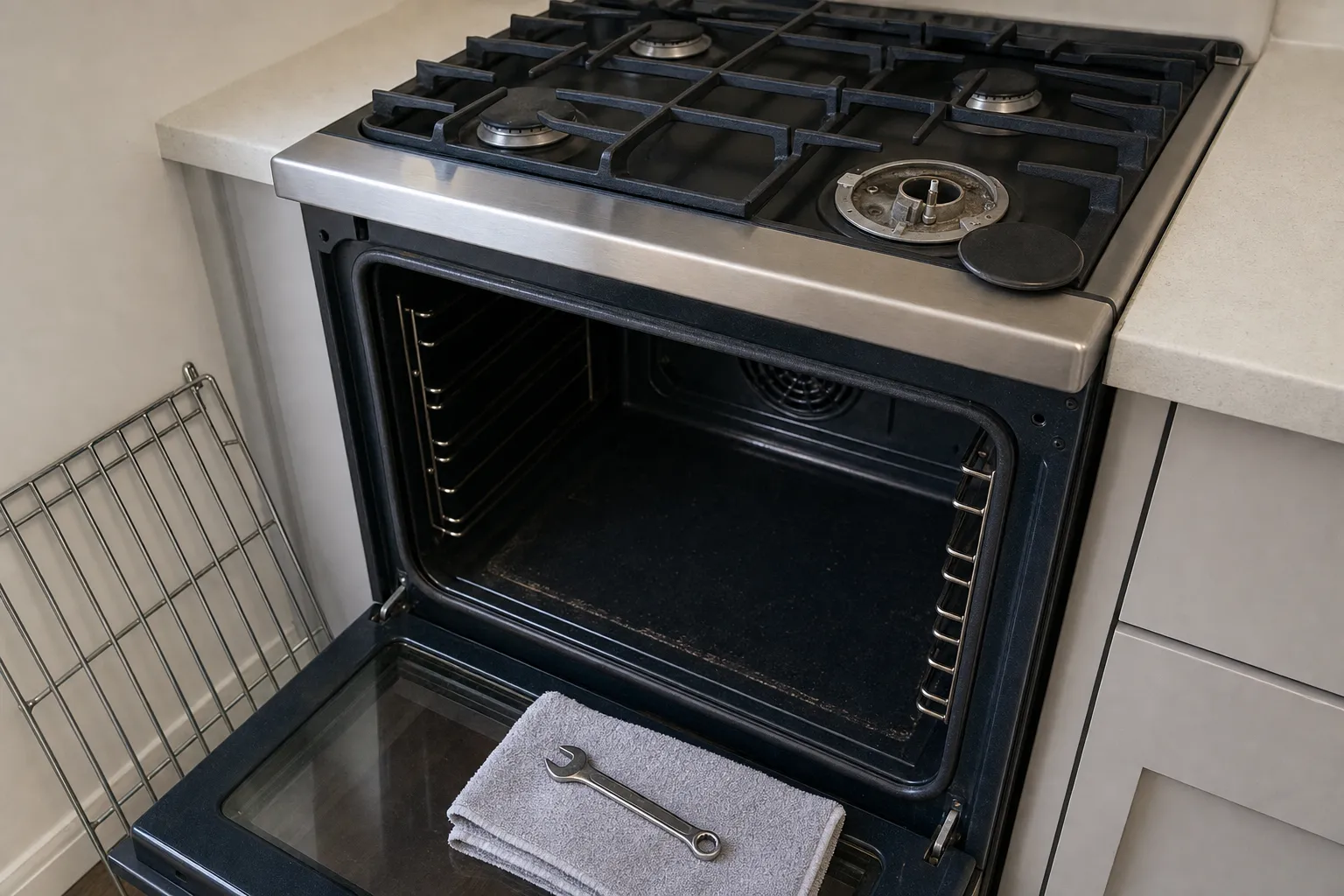 Burner base exposed with its cap set aside on a stainless range, the oven open on its cavity fan cover