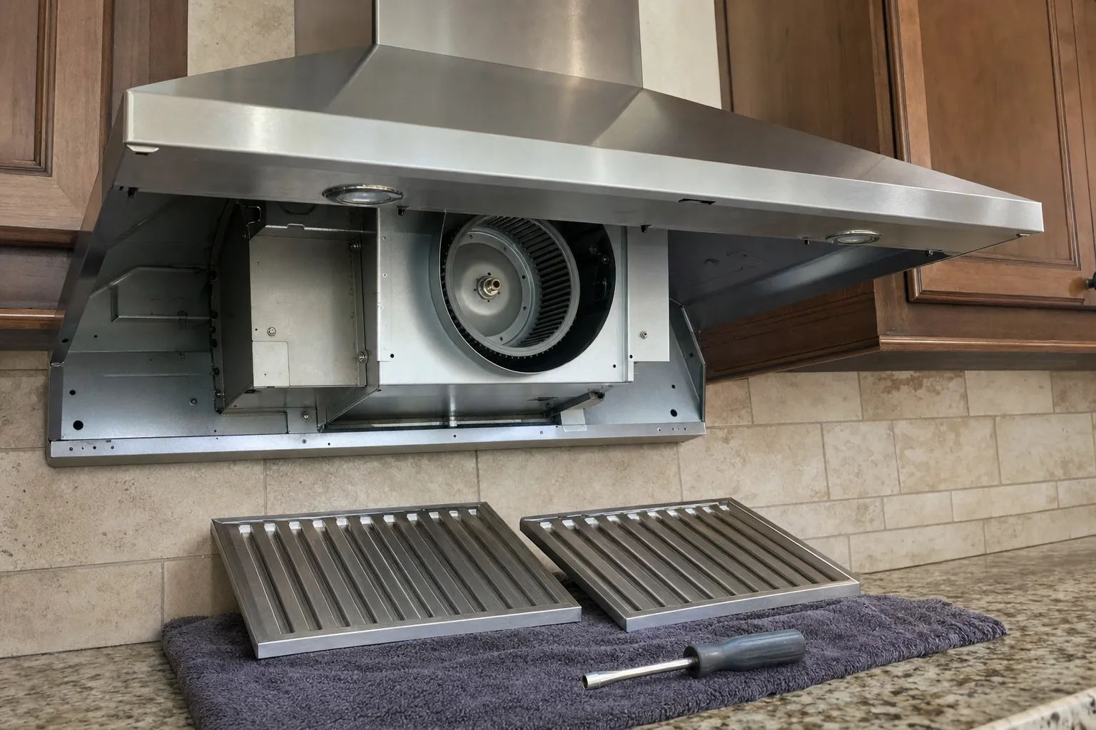 Stainless chimney hood with both baffle filters taken down onto a towel, exposing the blower wheel inside the canopy