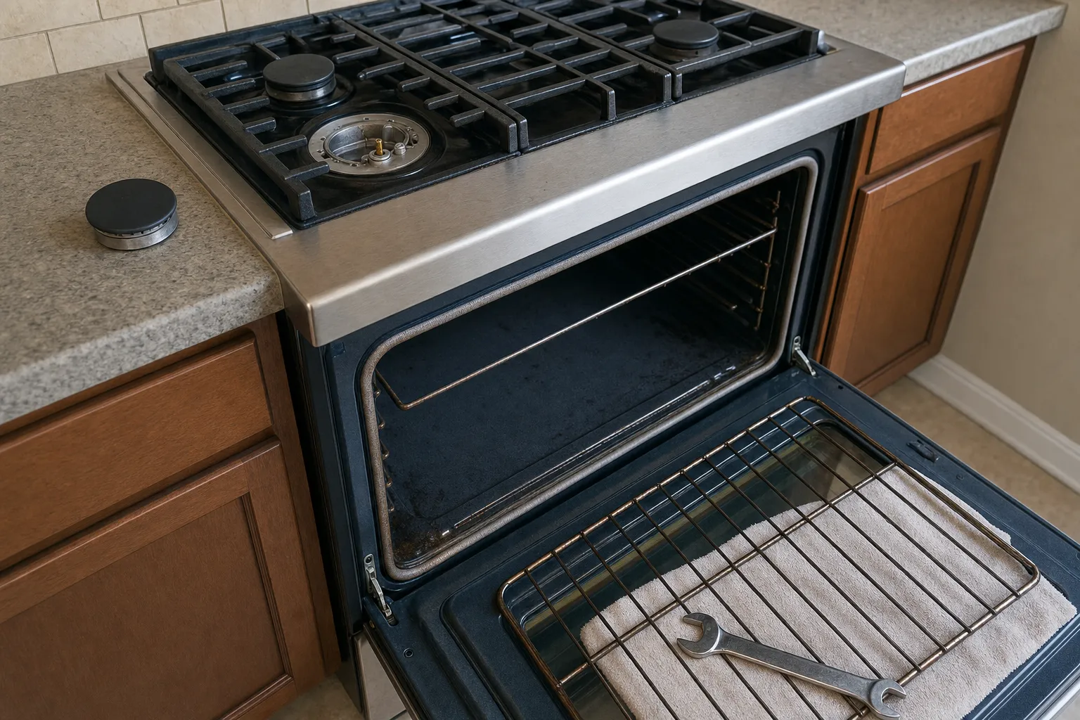 Slide-in gas range seen from above, one burner cap set on the counter, the oven door down with a rack, towel and wrench on it