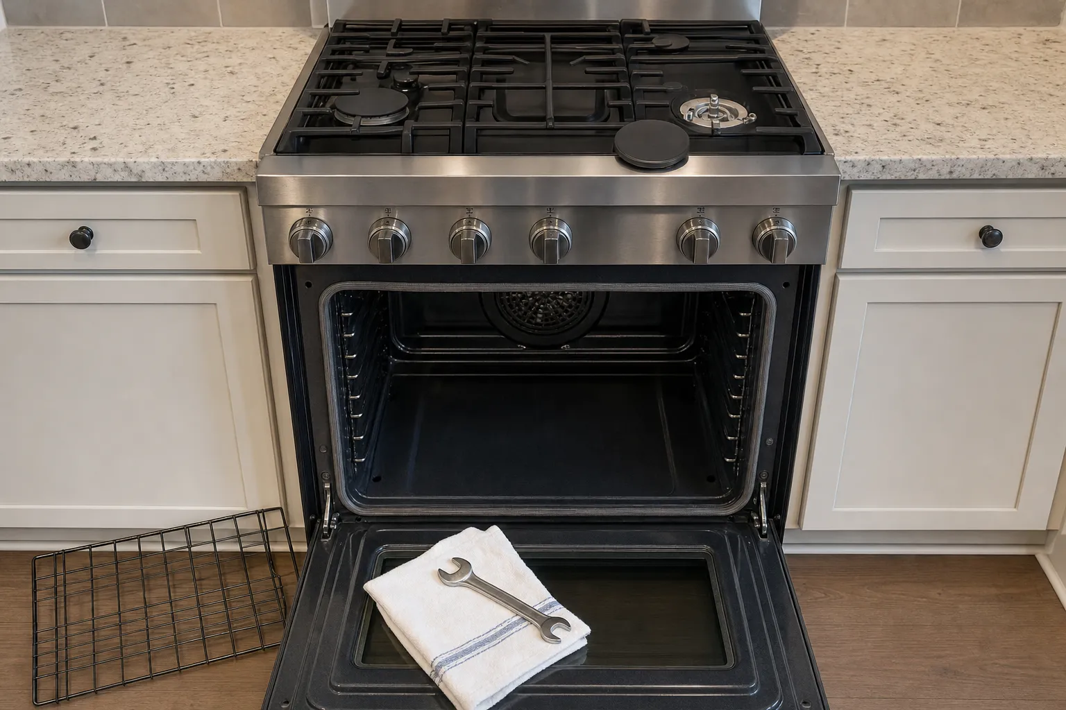 Six-knob gas range head-on, one burner cap resting on the grate beside its open base, the empty oven showing its rear fan cover