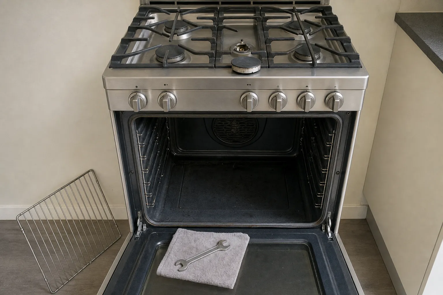 Six-knob gas range with the small centre burner uncapped and its cap set on the deck, the oven open to its convection fan cover